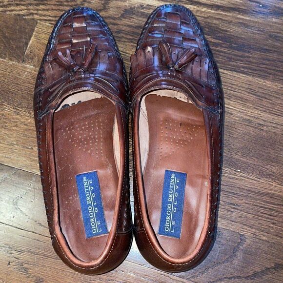 Giorgio Brutini Le Glove brown woven toe tassel slip on loafers - Picture 3 of 8